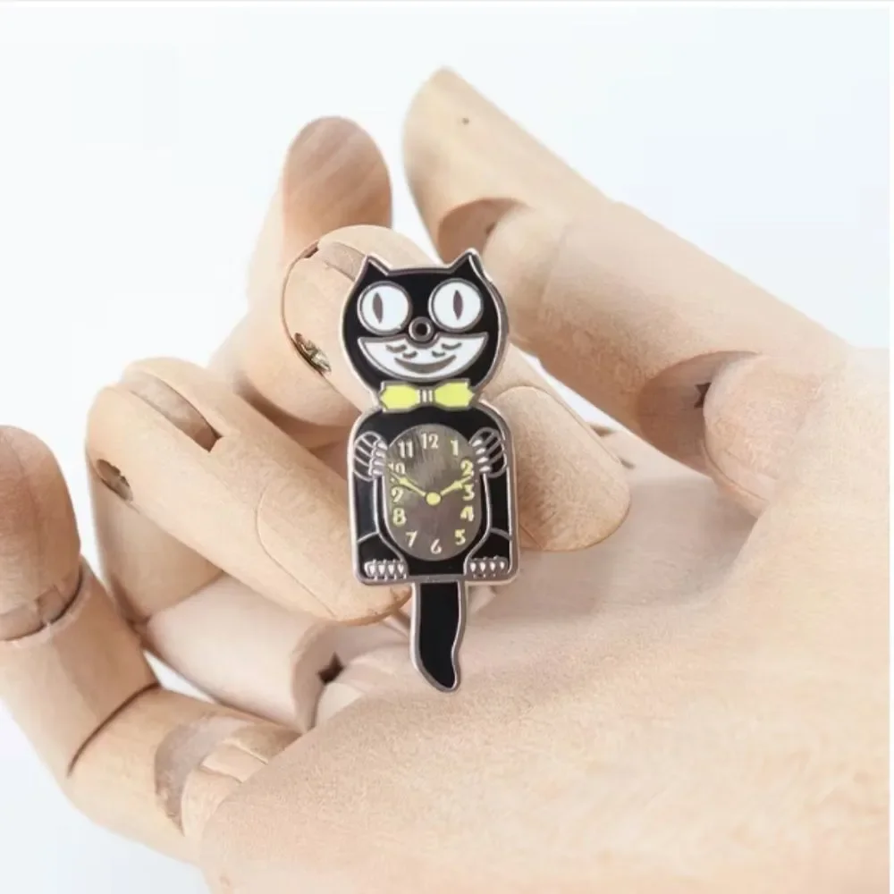 Retro Atomic Cat Clock Lapel Pin Brooch Black Kitty Vintage Look Jewelry 60s